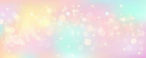 Rainbow unicorn pastel background with glitter stars. Pink fantasy sky. Holographic space with bokeh. Fairy iridescent gradient backdrop. Vector