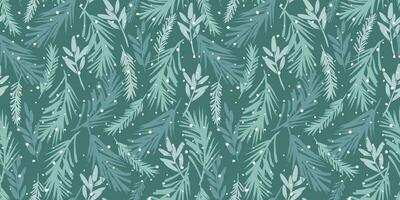 Christmas and Happy New Year seamless pattern. Spruce branches, snowflakes, snow. Trendy retro style. Vector design template.
