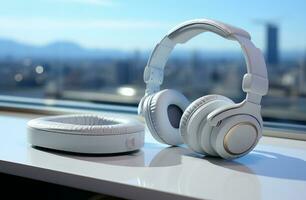 3D Rendering White headphones on the table photo