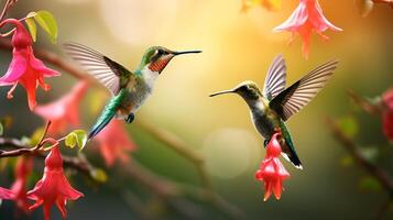 A couple humming bird and flower AI generative photo