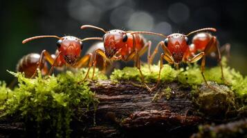 Macro photo of ants on mossy wood in rainy forest AI generative