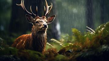 Photo background of wildlife in rainy forest AI generative