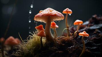 Macro photo of beautiful mushroom in rainy forest AI generative