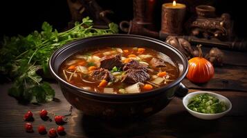 A bowl of oxtail soup on black background photo