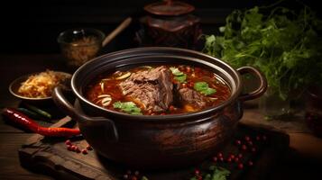 A bowl of oxtail soup on black background photo