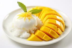 A plate of delicious mango sticky rice on white background. Generative AI. photo