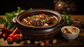 A bowl of oxtail soup on black background photo