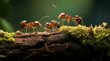 Macro photo of ants on mossy wood in rainy forest AI generative