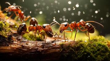 Macro photo of ants on mossy wood in rainy forest AI generative