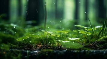 Macro photo of green rainy forest AI generative