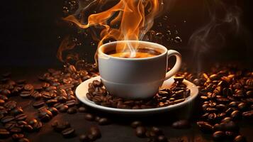 un taza de caliente café con café frijol ai generativo foto