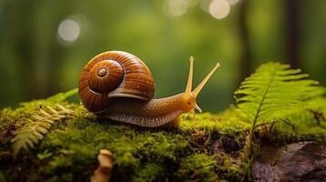 Macro photo of snail on mossy wood in rainy forest AI generative