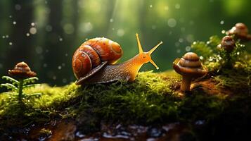 Macro photo of snail on mossy wood in rainy forest AI generative