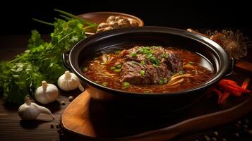 A bowl of oxtail soup on black background photo