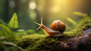 Macro photo of snail on mossy wood in rainy forest AI generative