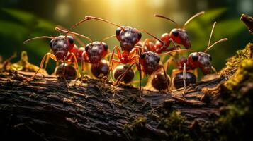 macro foto de hormigas en cubierto de musgo madera en lluvioso bosque ai generativo