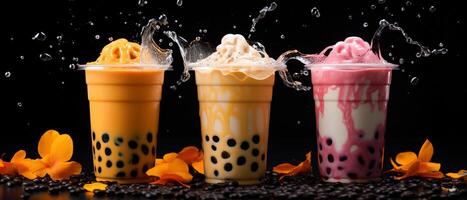 Assortment of fresh boba on black background AI generative photo