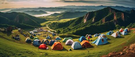 Camping tent on the top of mountain AI generative photo