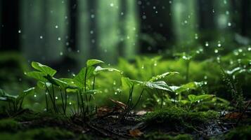 Macro photo of green rainy forest AI generative