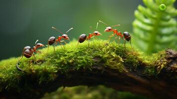 Macro photo of ants on mossy wood in rainy forest AI generative