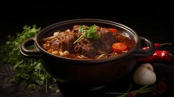 A bowl of oxtail soup on black background photo