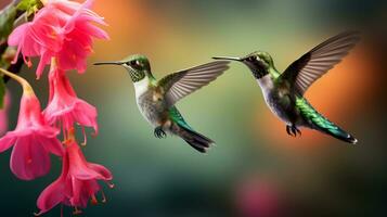 A couple humming bird and flower AI generative photo