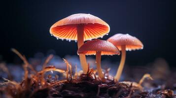 Macro photo of beautiful mushroom in rainy forest AI generative