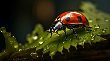 Macro photo of lady bug on the leaf