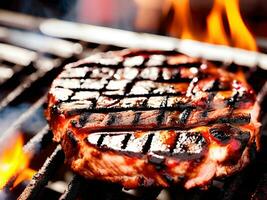 A la parrilla carne de vaca filete con francés papas fritas y Tomates en de madera mesa. generativo ai. foto