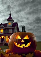 Halloween pumpkins in front of a haunted house. Generative Ai. photo