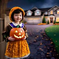 un adorable pequeño niña en un Víspera de Todos los Santos disfraz con un calabaza linterna. generativo ai. foto