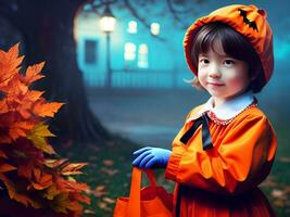 un pequeño niña vistiendo un Víspera de Todos los Santos calabaza traje. generativo ai. foto