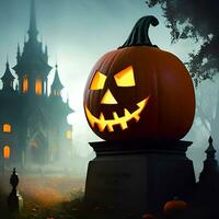 Halloween pumpkins in front of  spooky castle. Generative Ai. photo