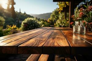 Long table with green garden AI Generative photo