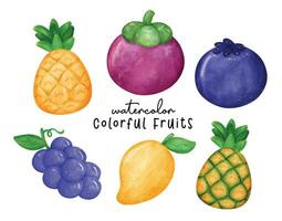 Colorful Watercolor Tropical Fruits Illustration, Hand-Drawn Exotic Fruit Collection in Vibrant Watercolors vector