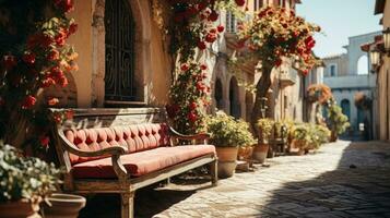 a wooden bench placed in a lane covered by a garden under the sunset AI Generative photo