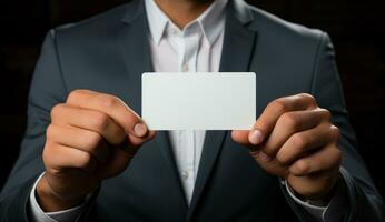 Business man holding a white blank sheet name card AI Generative photo