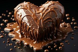 Chocolate splashed on heart shape dark background AI Generative photo