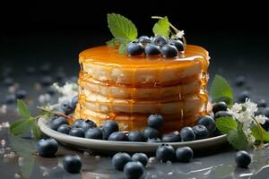 Delicious honey cake with black berries AI Generative photo