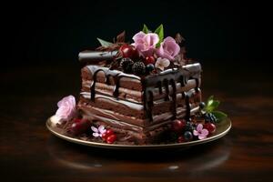 chocolate brownie cake piece stack on plate homemade pastries AI Generative photo