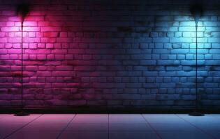 Dark brick wall with blue neon light effect, Generative AI photo