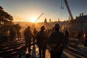 Silhouette of Engineer visiting the construction site in the evening time, photo