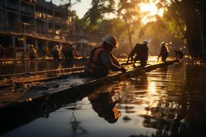 Carpenters workers are using wood to build at sunset, photo