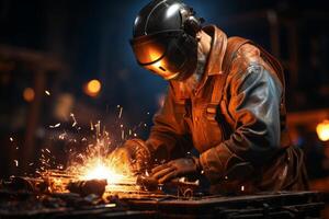 un hombre vistiendo gas máscara y trabajando en un pedazo de metal, generativo ai foto