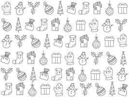 Christmas icon set with snowflakes, hats, star, Christmas tree, balls, orange, sock, gift, drink and garlands. Vector icons for business and holidays