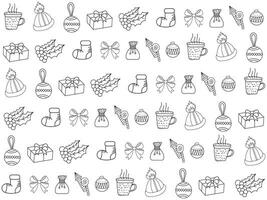 Christmas icon set with snowflakes, hats, star, Christmas tree, balls, orange, sock, gift, drink and garlands. Vector icons for business and holidays