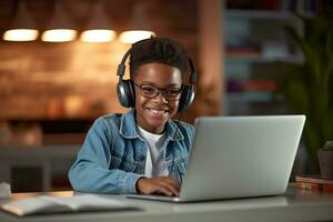 Front view of African American boy playing game on digital tablet at dining table in kitchen at home Generative AI photo