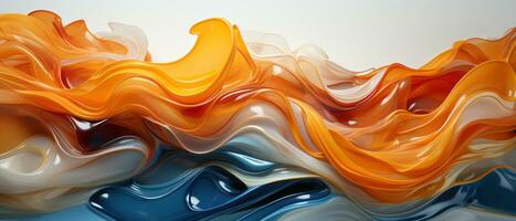 Digital abstract background with orange, yellow and blue paint, liquid wave. AI Generated. photo