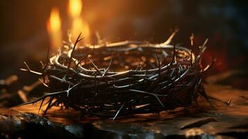 Selective focus crown of thorns of Jesus Christ on wooden background with window light, Vintage tone with copy space Generative AI photo