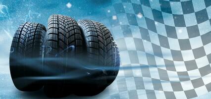 winter tyre cover on Lights on blue and snow background photo